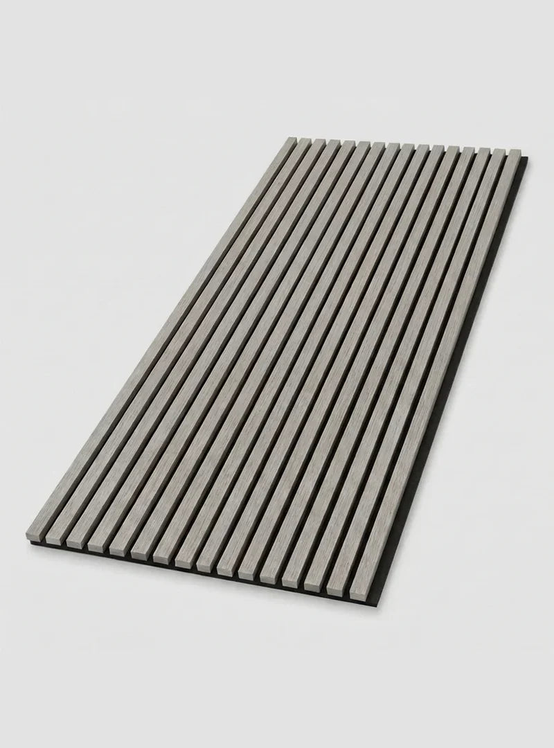 Wood Slat Acoustic Panels Sample Box panel in a gray finish with narrow black gaps