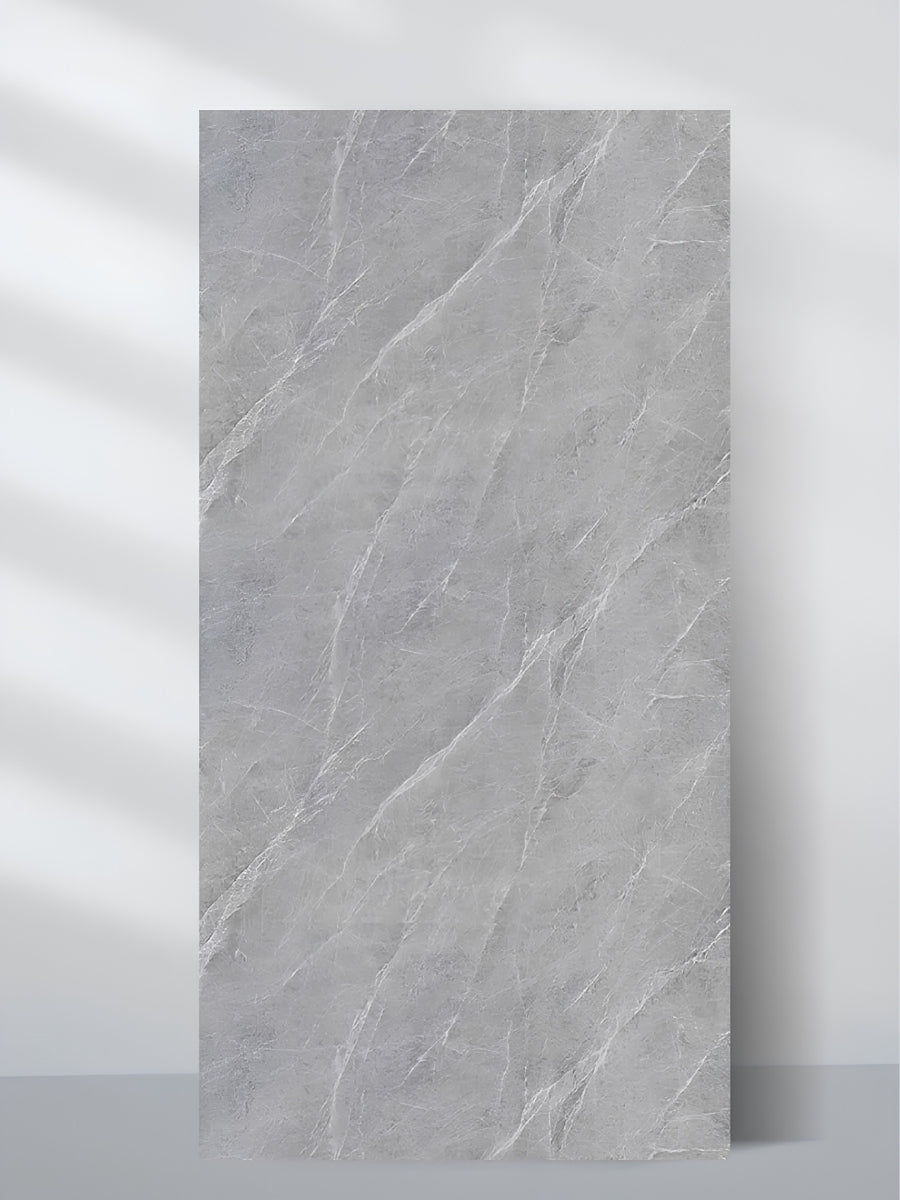 Ash gray marble PVC wall panel in 4 x 8 ft format with fine white veining