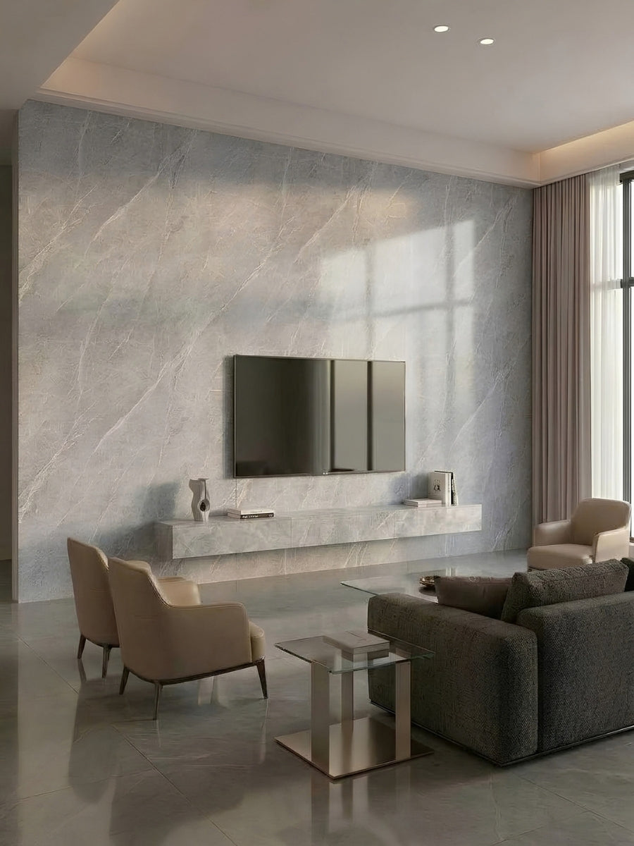 Contemporary living room with an ash gray marble PVC panel wall behind a mounted television
