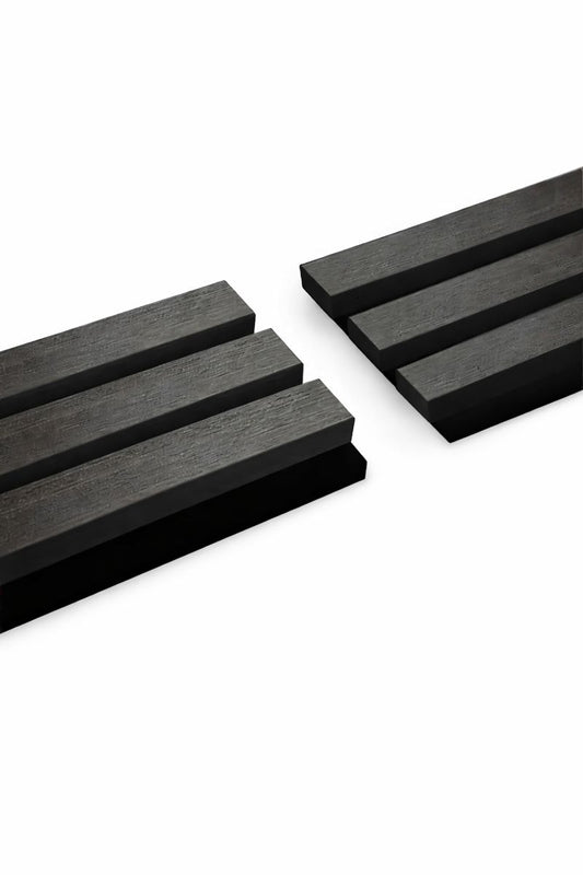 Luxury black oak acoustic wood slat wall panel close up