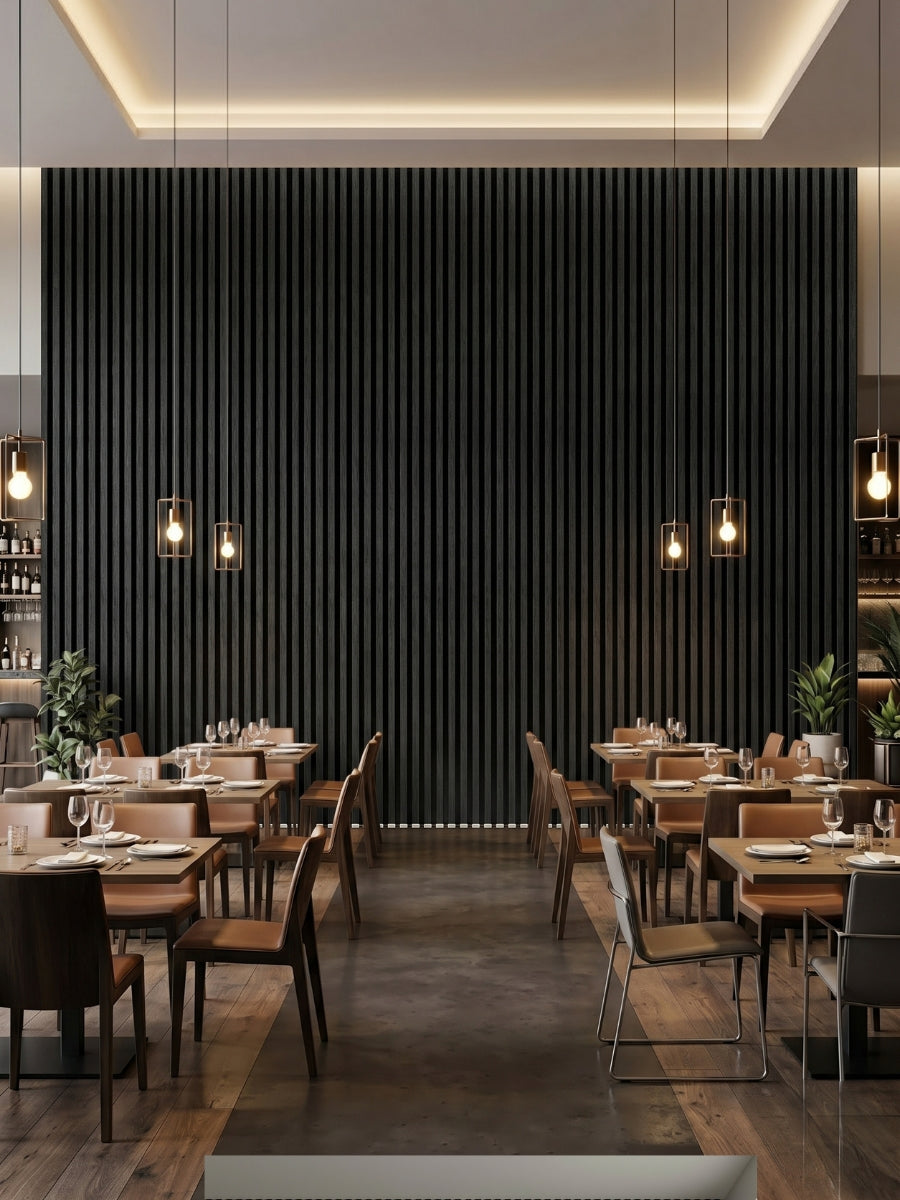 Contemporary Restaurant Accent Wall with Blackwood Fluted Panels