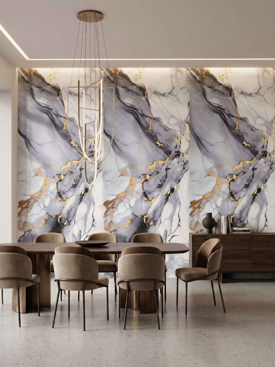 Dining room feature wall clad in Blue Mist PVC marble sheets with dramatic gray and gold veining