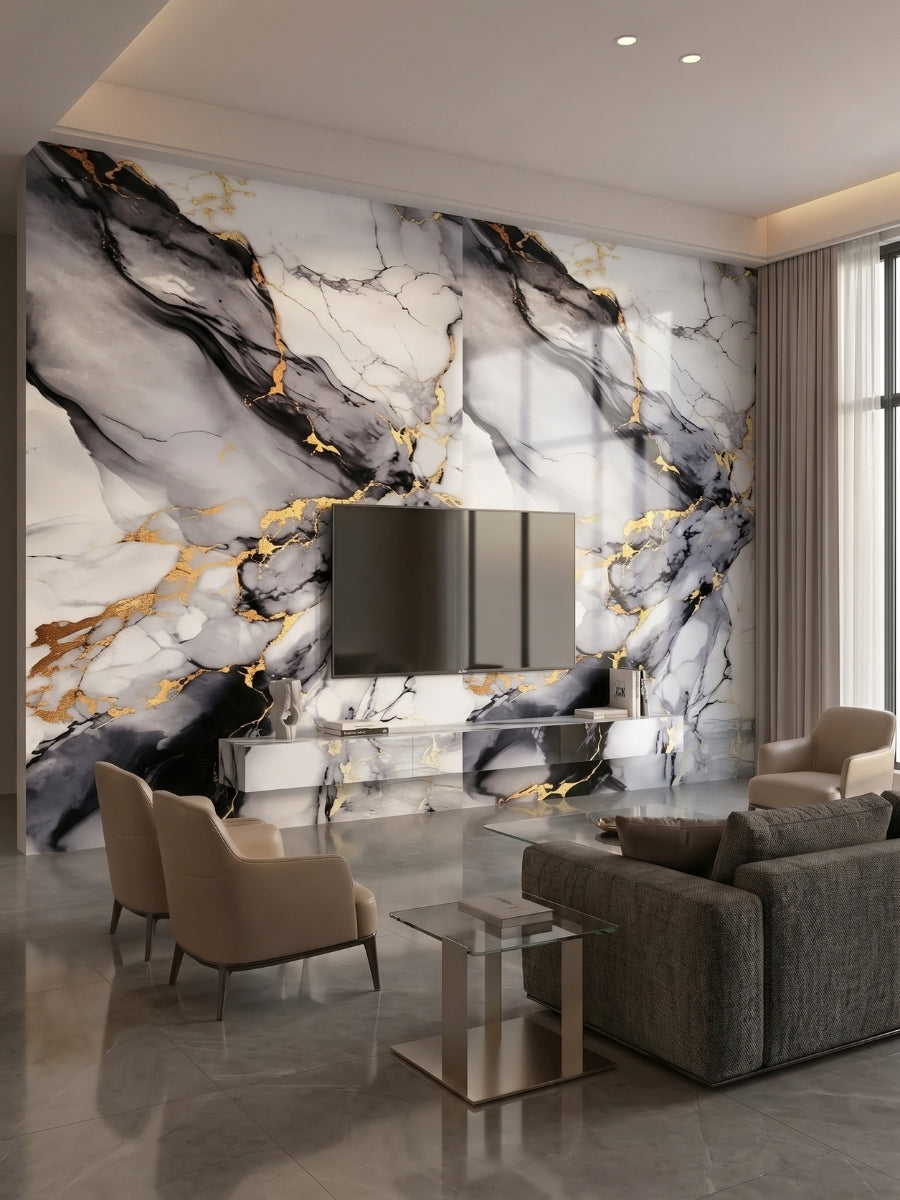 Blue Mist PVC marble sheet feature wall behind a television in a contemporary living room