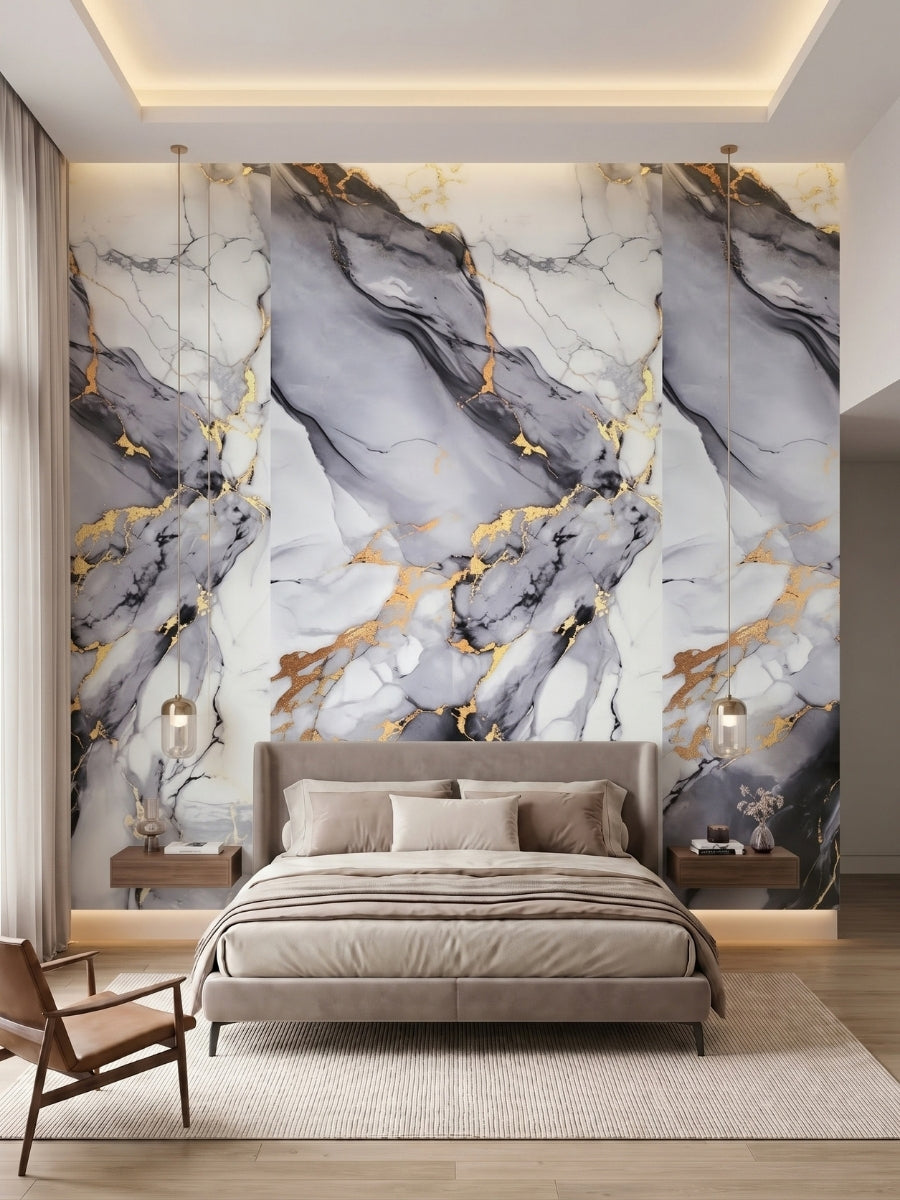 Bedroom accent wall finished with Blue Mist PVC marble sheets in gray, white and gold tones