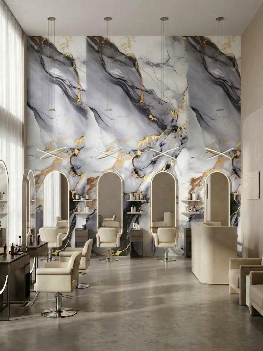 Blue Mist PVC marble sheets covering a salon wall above mirrors and styling stations