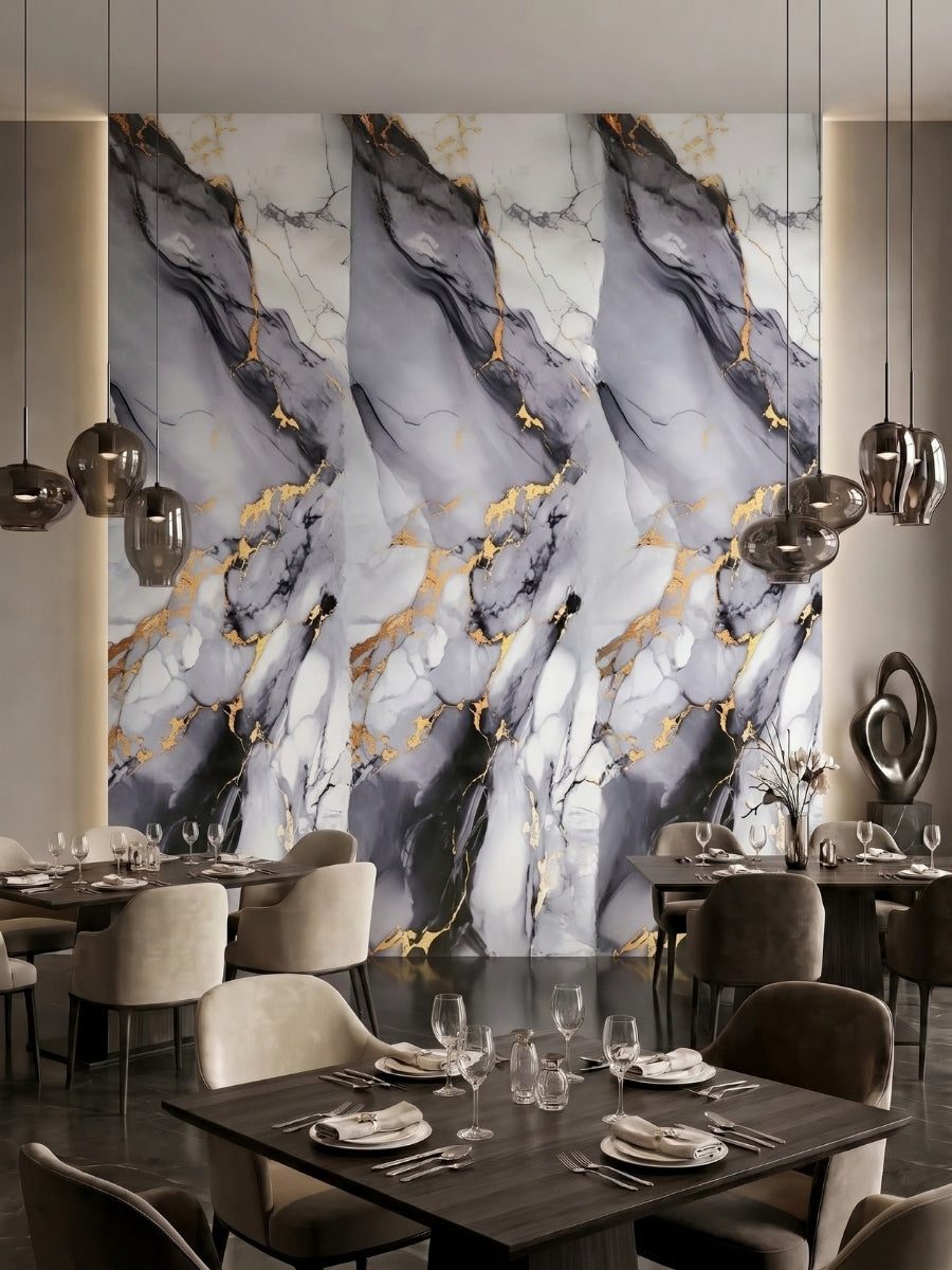 Restaurant dining area with a tall Blue Mist PVC marble sheet accent wall