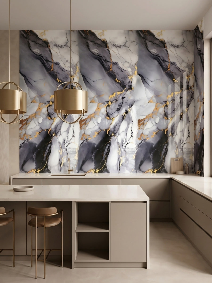 Modern kitchen backsplash and wall clad in Blue Mist PVC marble sheets with bold gold veining