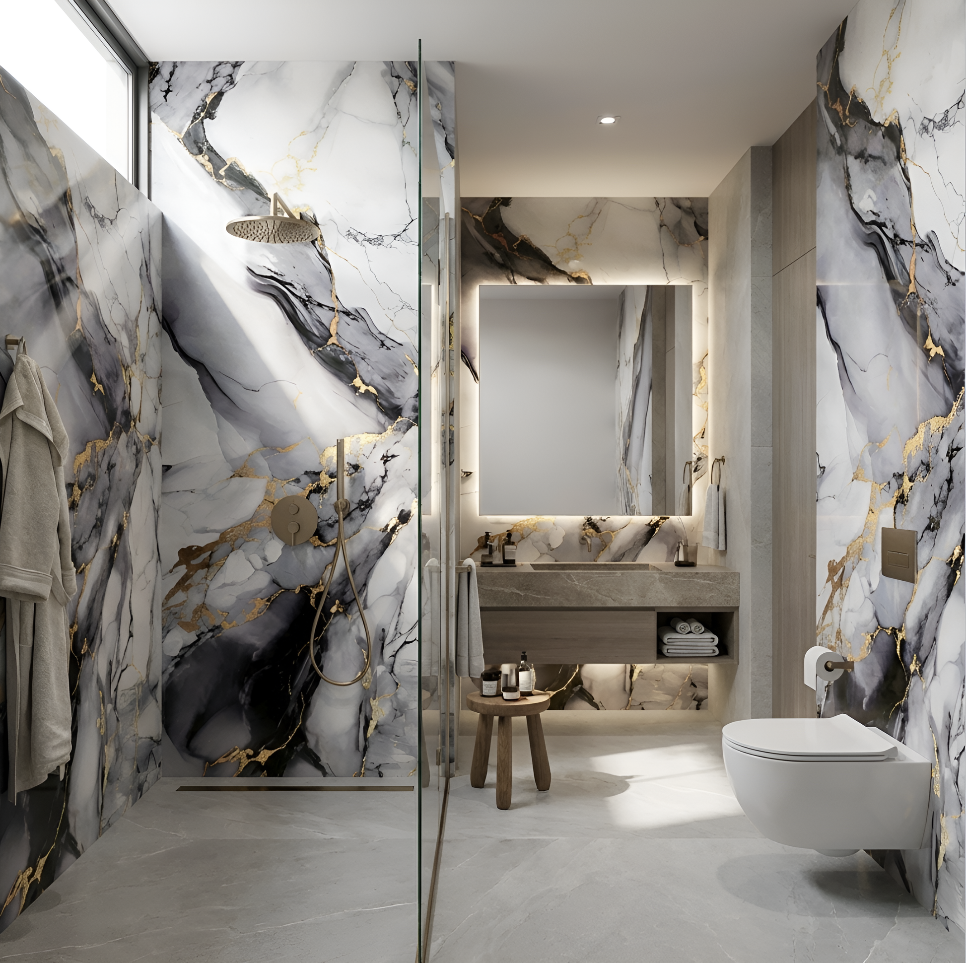 Luxury bathroom with grey marble-look PVC wall panels featuring bold gold veining and modern shower design