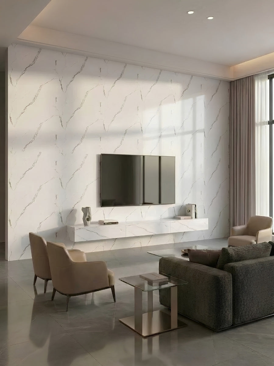 Calacatta Manhattan PVC marble panels creating a white veined TV feature wall in a contemporary living room