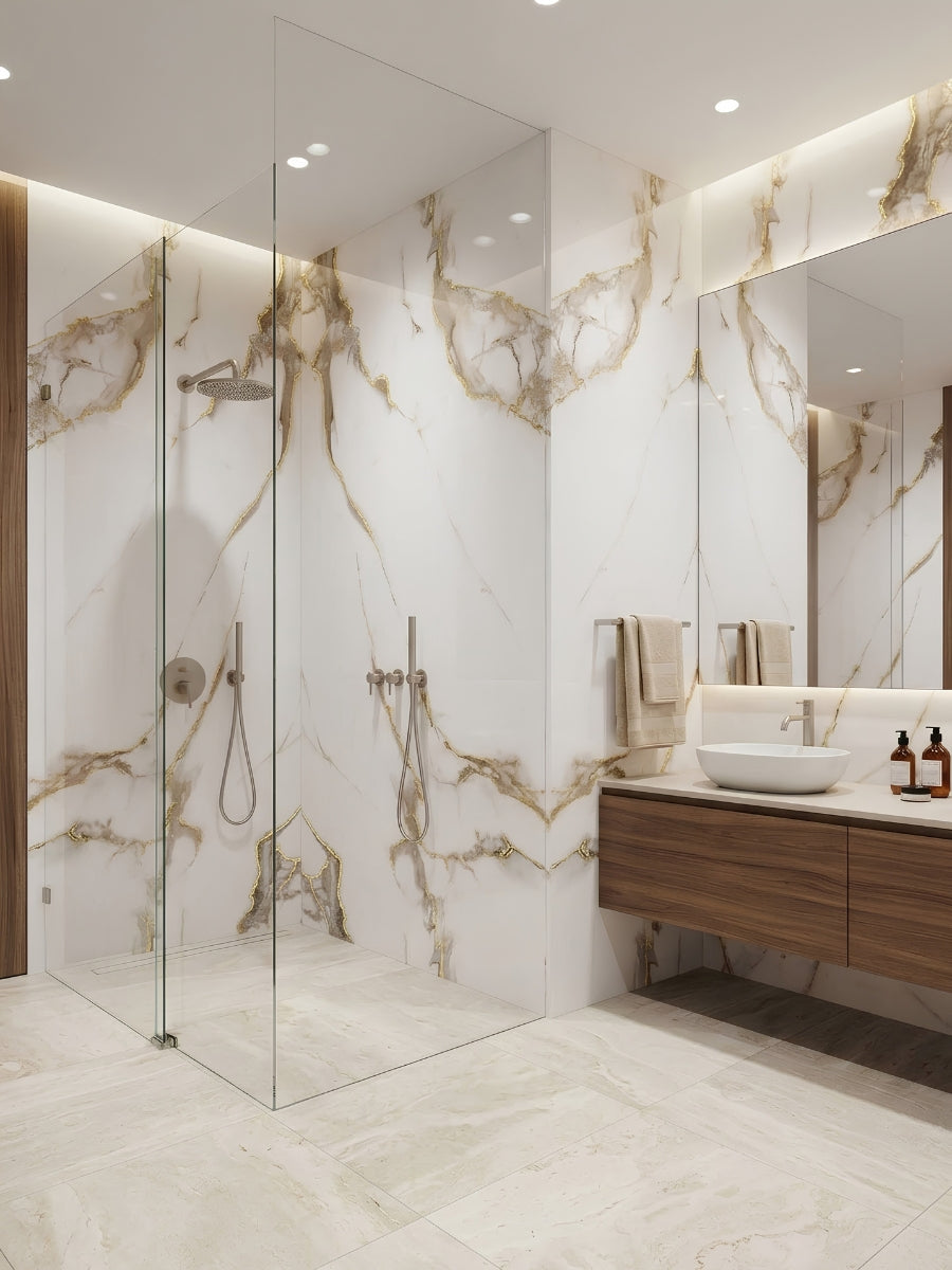 Calacatta Oro Gold Marble PVC wall panels installed around a glass shower and bathroom vanity