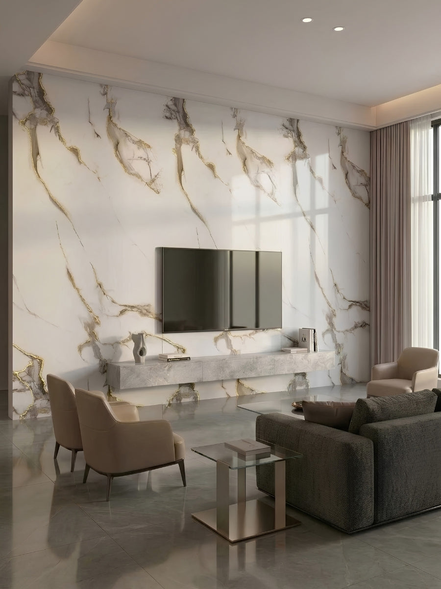 Modern living room with Calacatta Oro Gold Marble PVC wall panels behind a mounted television