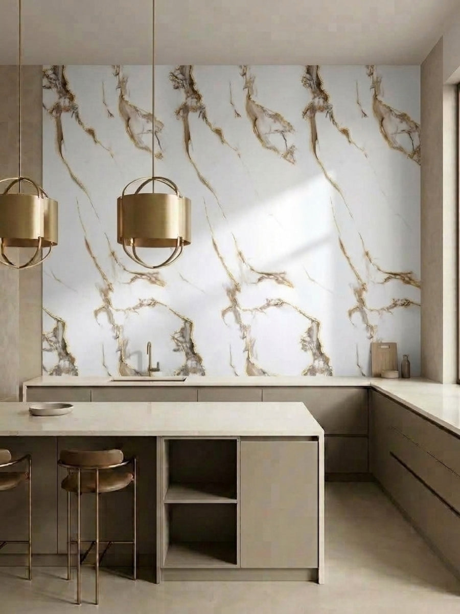 Modern kitchen backsplash wall covered in Calacatta Oro Gold Marble PVC panels with dramatic gold and gray veins