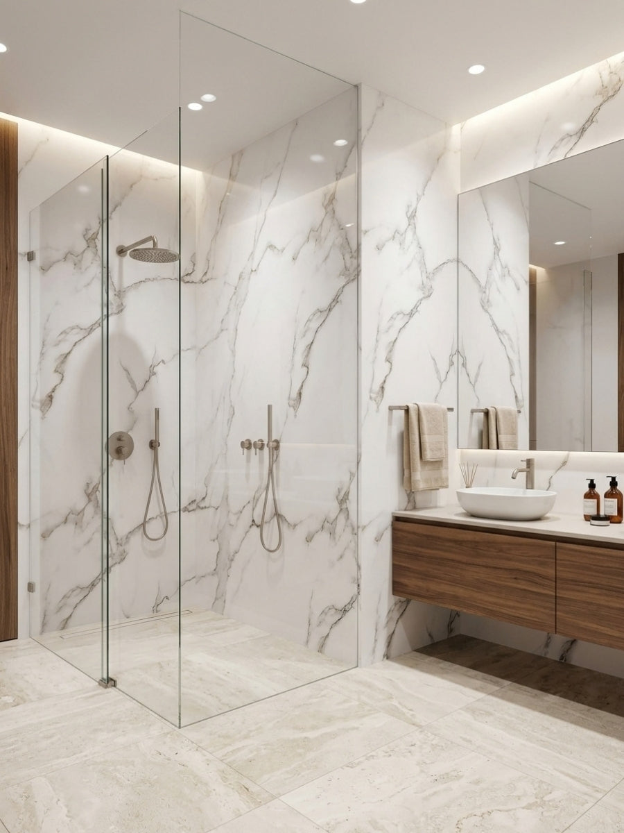 Calacatta White PVC wall panels installed around a glass shower and bathroom vanity