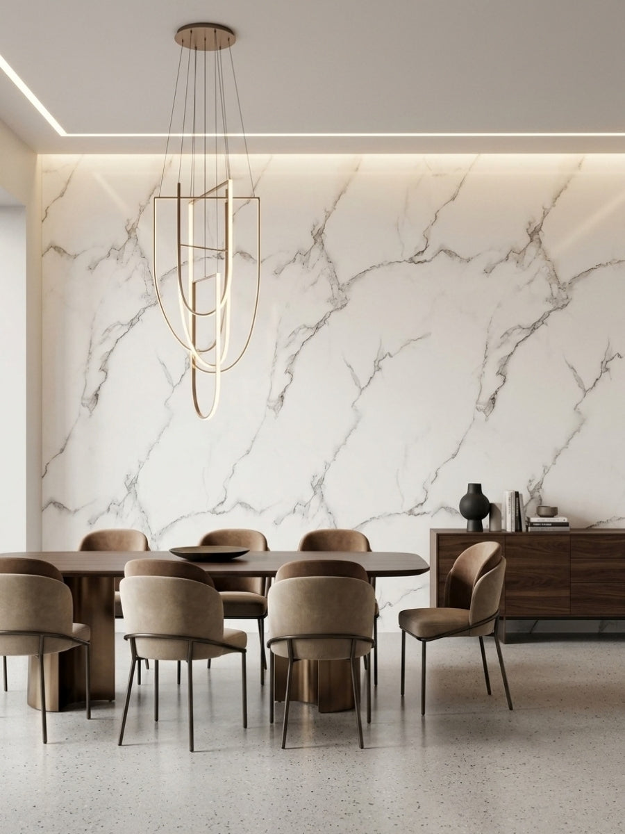 Dining room accent wall finished with Calacatta White marble-look PVC panels