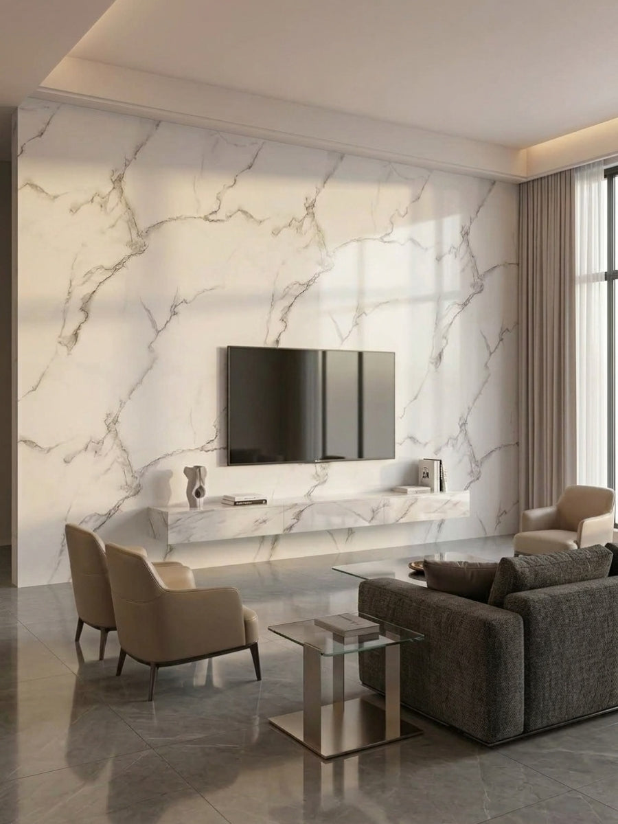Calacatta White PVC wall panels behind a mounted TV in a modern living room