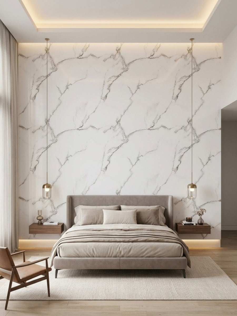 Bedroom feature wall clad in Calacatta White PVC panels with gray marble veining