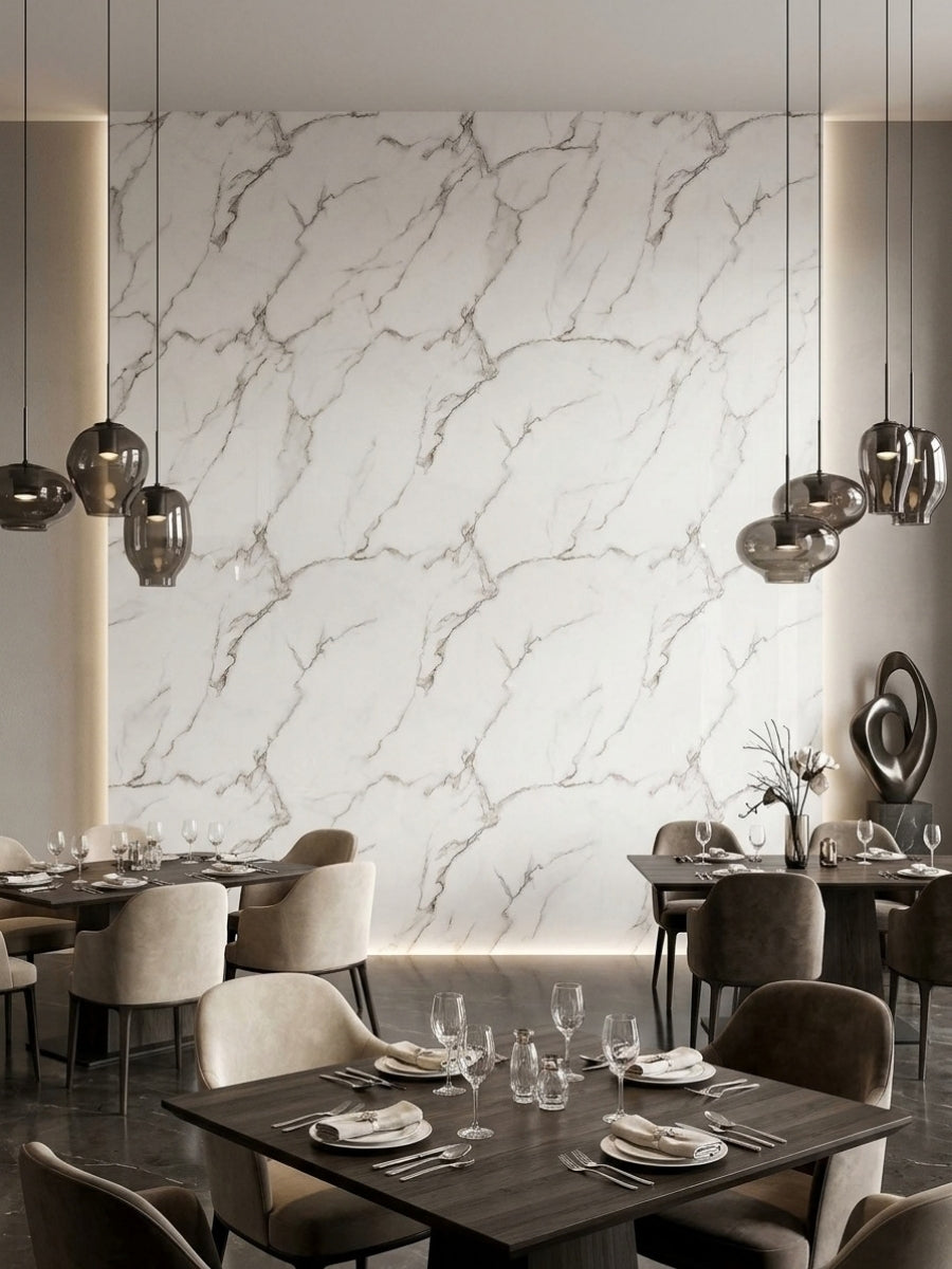 Restaurant dining area with a Calacatta White PVC panel feature wall