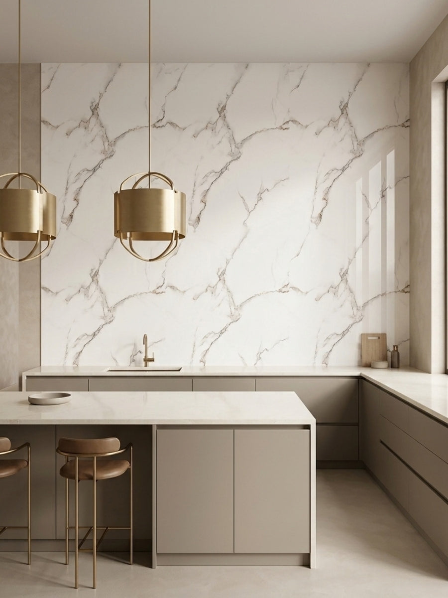 Modern kitchen with Calacatta White PVC wall panels above white counters
