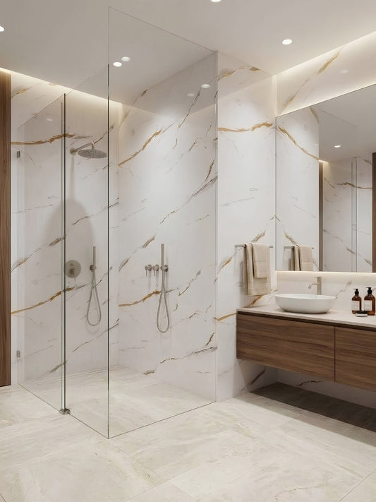 Caramel Vein PVC marble sheets installed across a bright bathroom shower and vanity walls