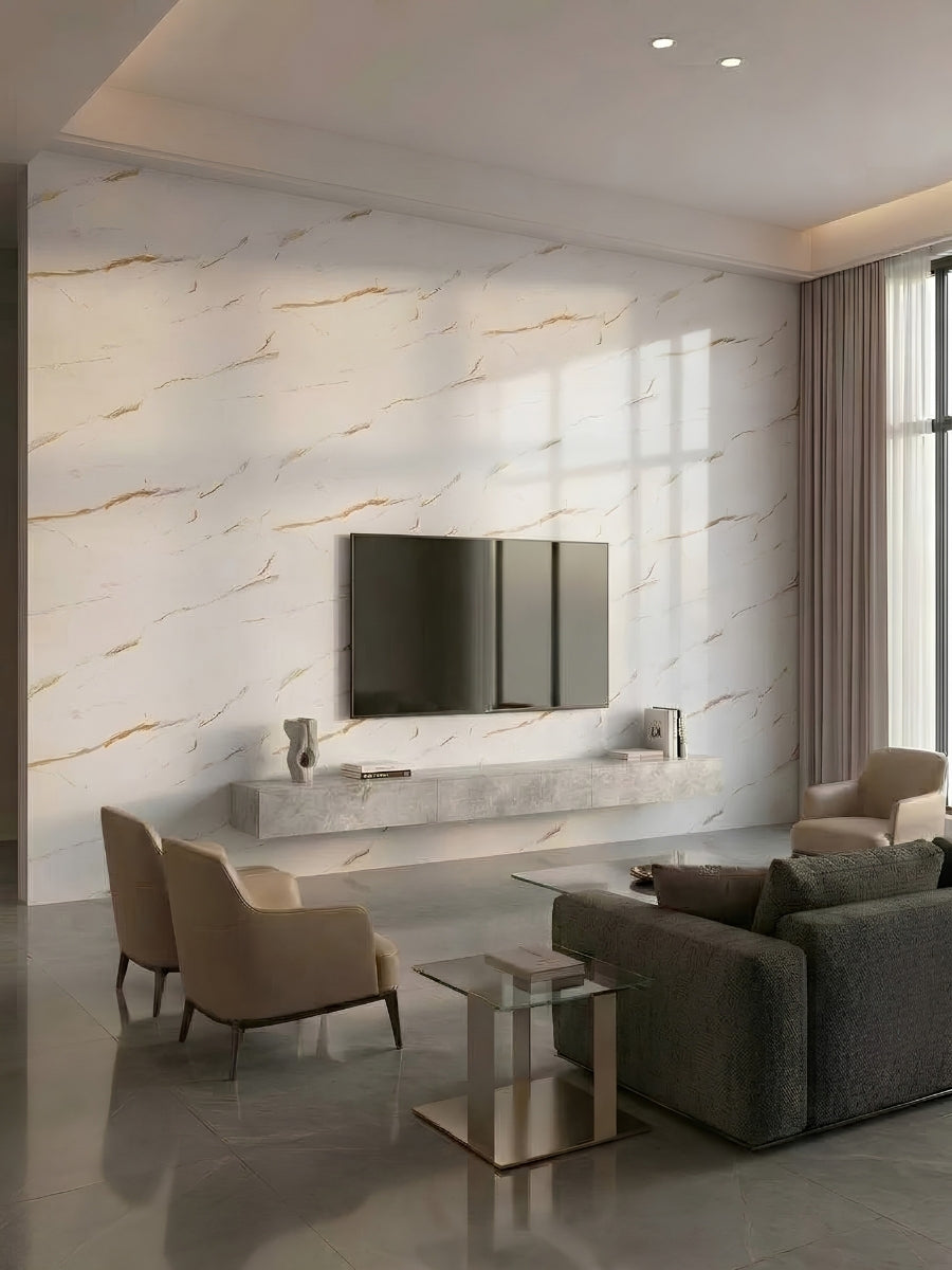 Modern living room TV wall clad in glossy white Caramel Vein PVC marble sheets