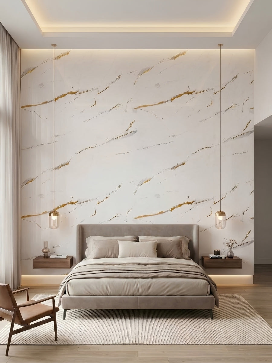 Caramel Vein PVC marble sheet feature wall behind a neutral upholstered bed and pendant lights