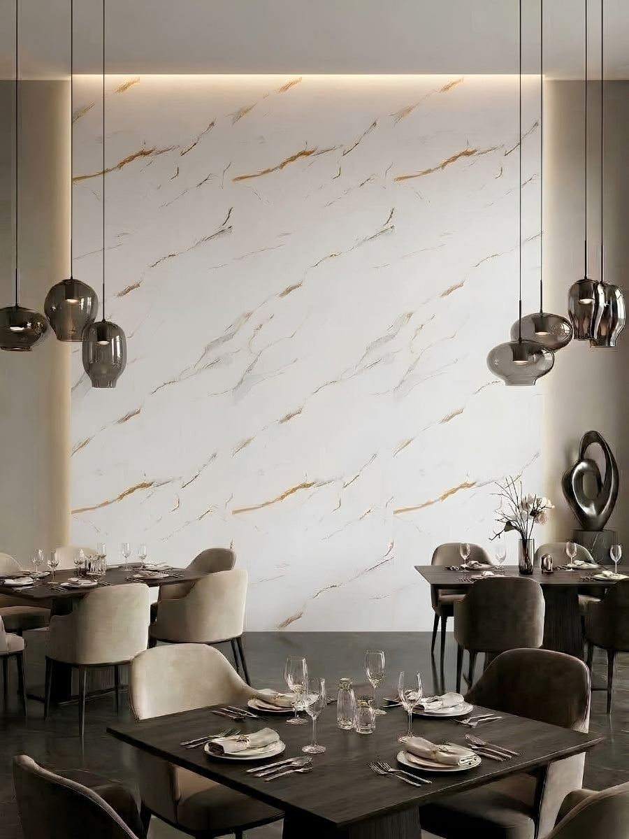 Restaurant dining area with an illuminated Caramel Vein PVC marble sheet accent wall