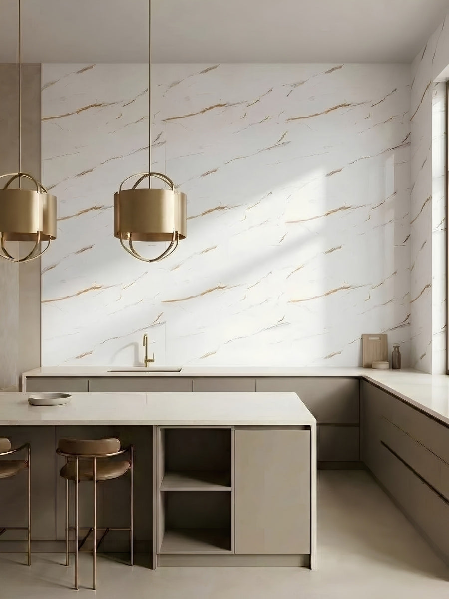 Modern kitchen with white Caramel Vein PVC marble sheets installed as a full-height backsplash