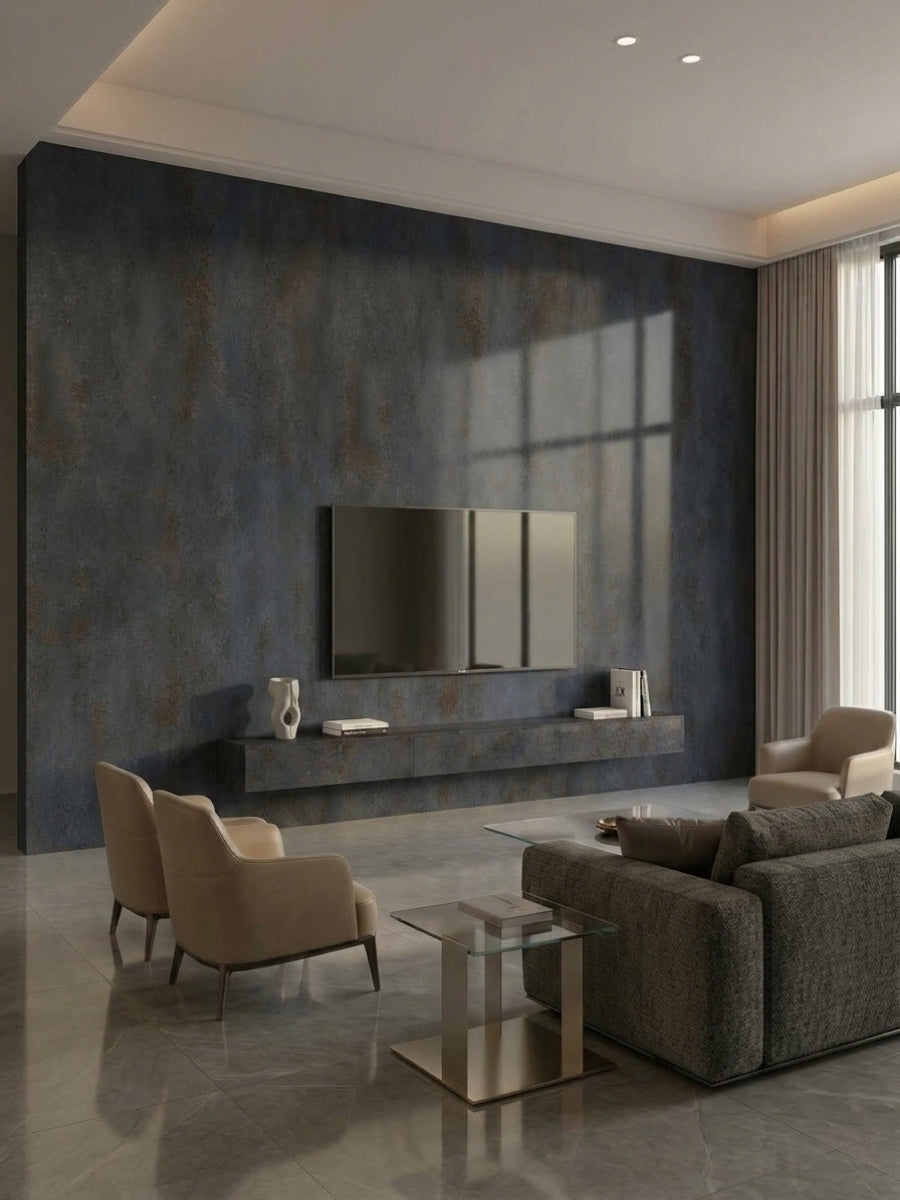 Modern living room with a dark charcoal PVC stone panel wall behind the television