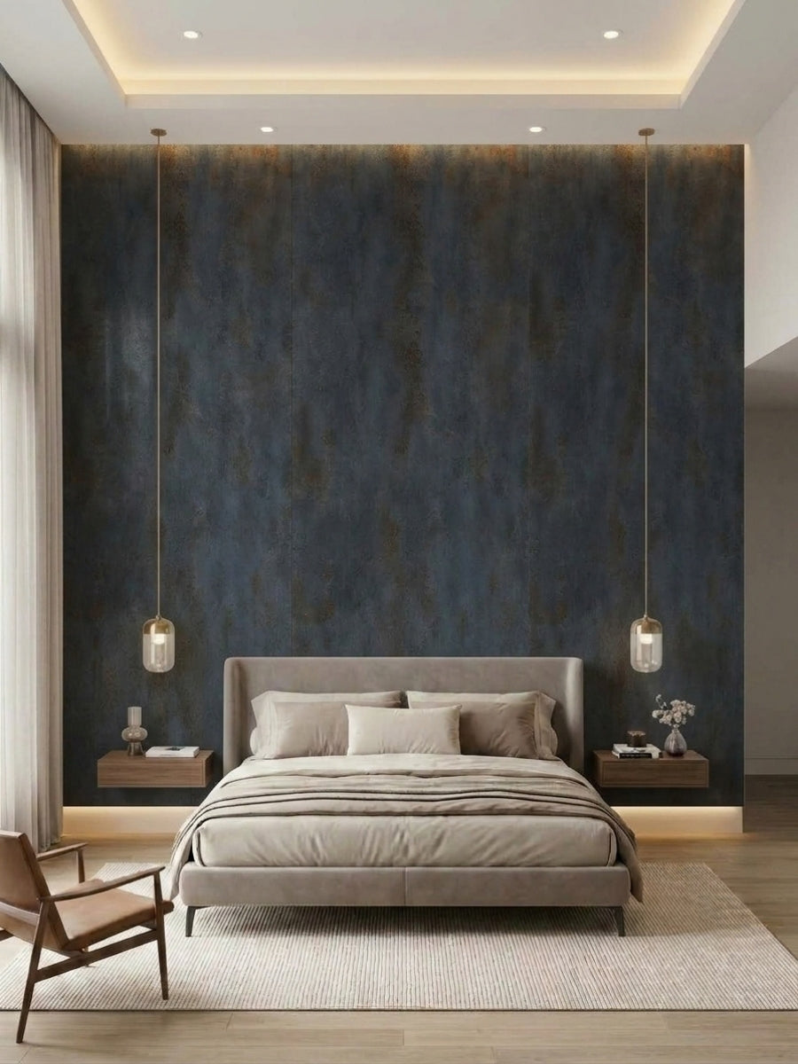 Bedroom accent wall clad in mottled dark charcoal PVC stone panels