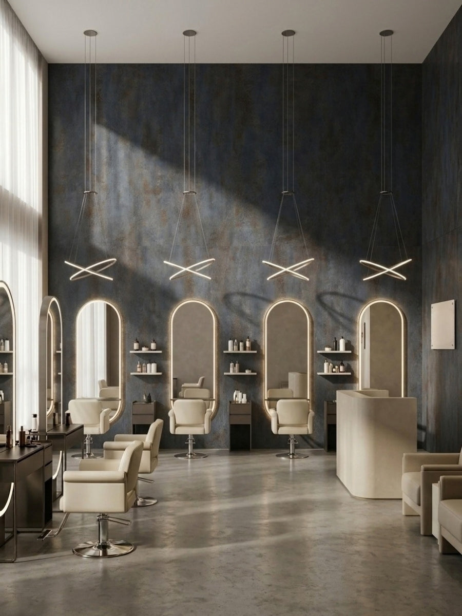 Contemporary salon with dark charcoal rough-texture PVC stone panel walls