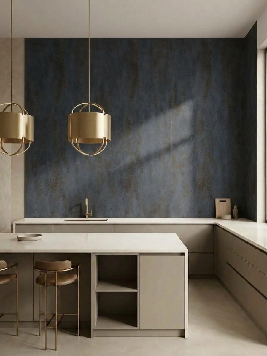Modern kitchen with dark charcoal textured PVC stone panels above white counters