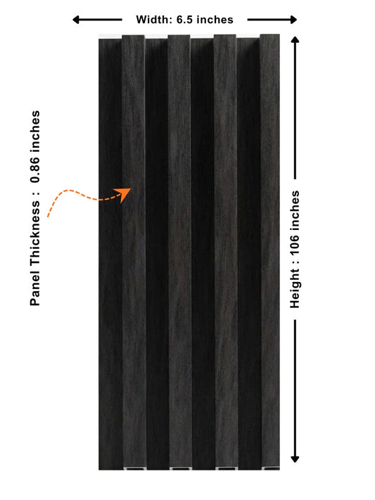 Dark smoky oak WPC fluted wall panel measuring 6.5 inches wide, 106 inches high, and 0.86 inch thick