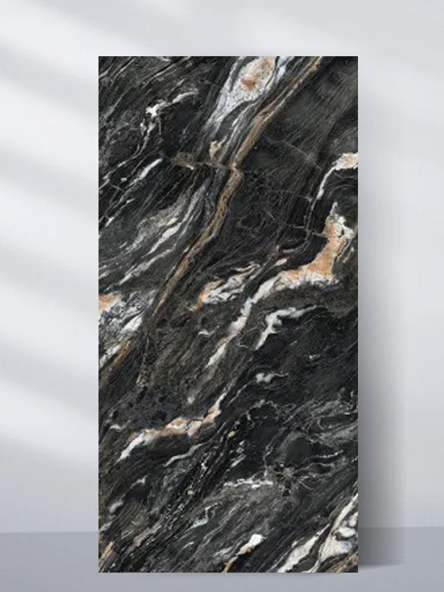 Black PVC marble sheet sample with layered white-gray swirls and warm beige highlights