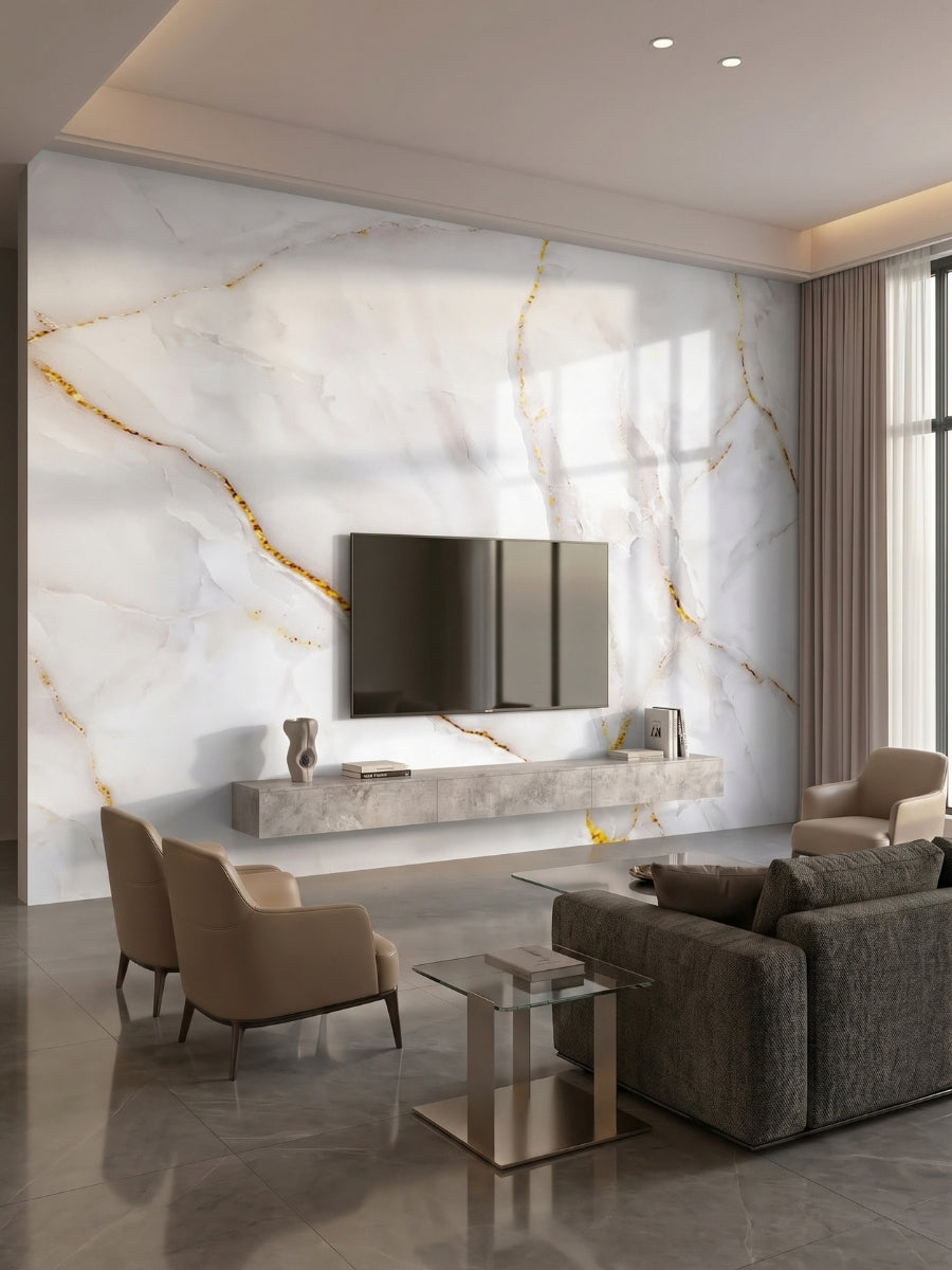 Empress Gold PVC marble sheet feature wall behind a mounted TV in a contemporary living room