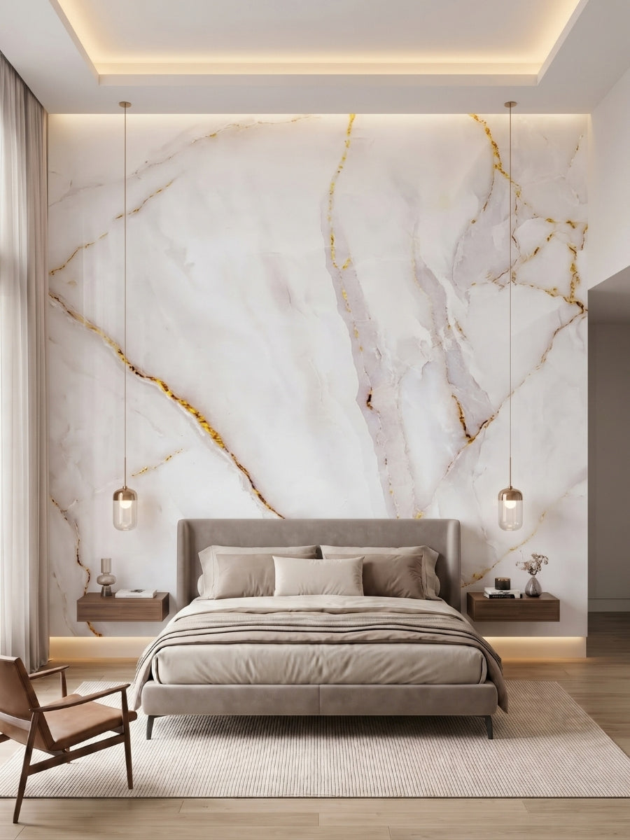 Bedroom accent wall clad in Empress Gold polished PVC marble sheets with sweeping gray and gold veins