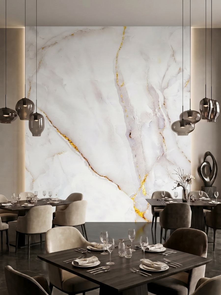 Restaurant dining area with a large Empress Gold PVC marble feature wall in white with gray and gold veining