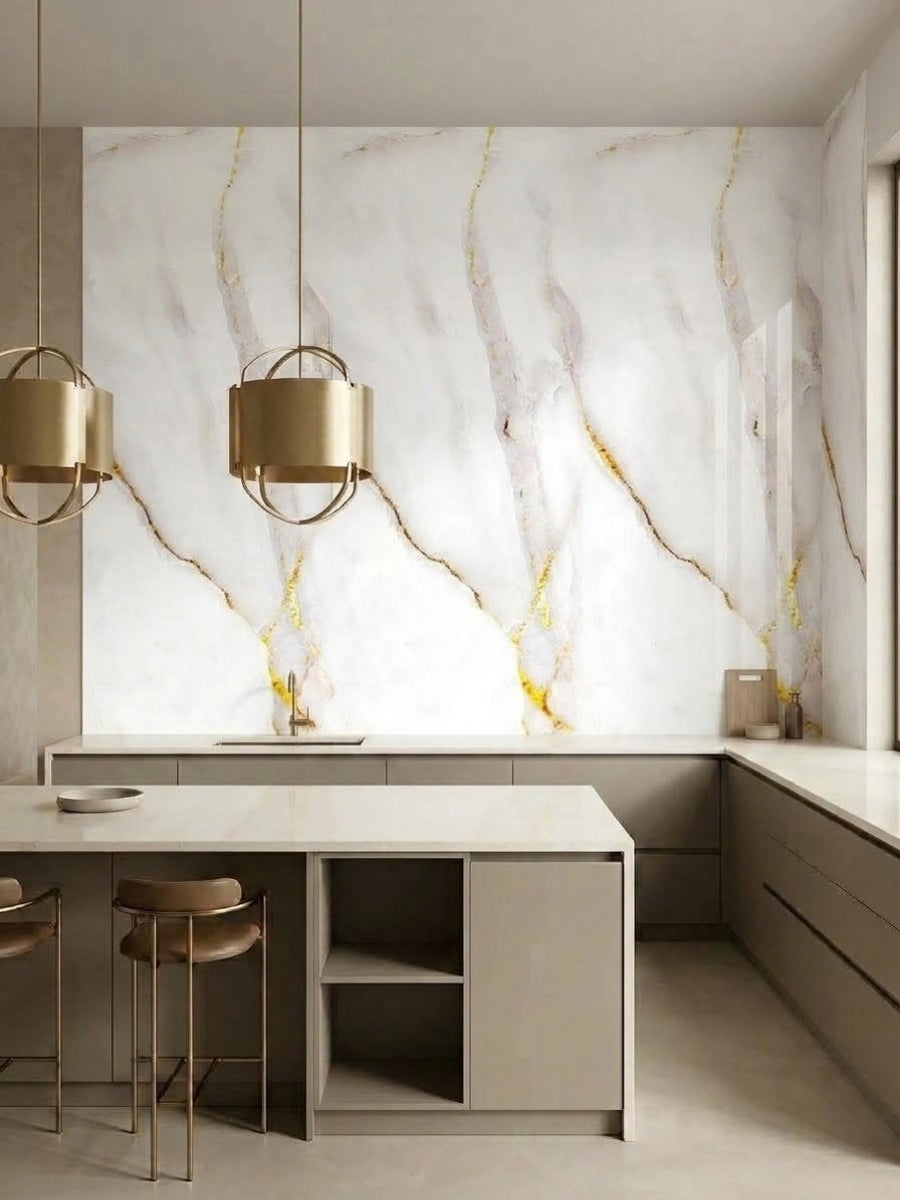 Modern kitchen backsplash wall finished with Empress Gold polished PVC marble sheets and gold-accented veining