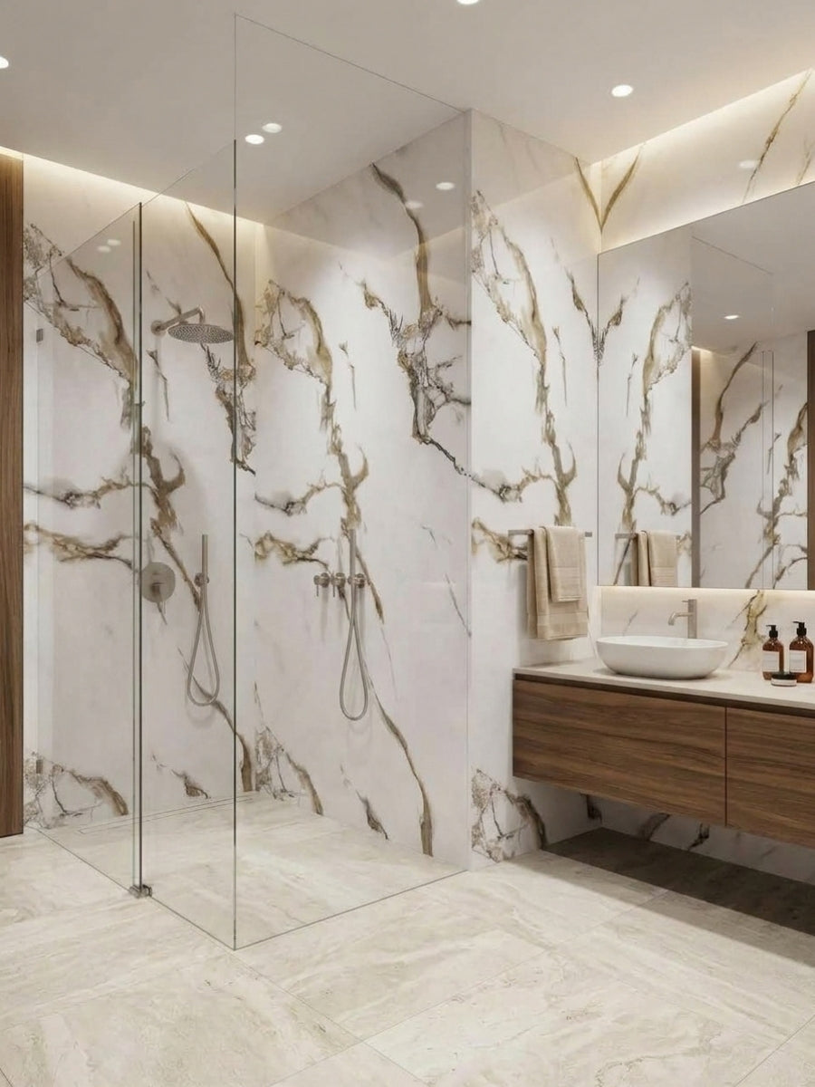 Ethereal Blush marble-look PVC wall panels installed across a modern bathroom shower and vanity wall