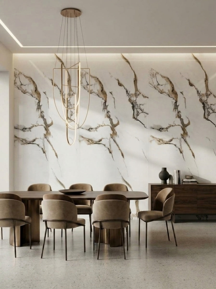 Dining room feature wall finished with Ethereal Blush PVC panels featuring dramatic brown and gray marble veining