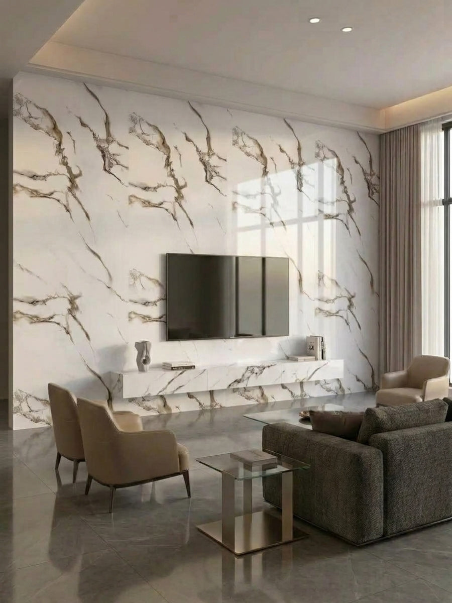 Ethereal Blush marble-look PVC panels installed as a glossy living room TV accent wall