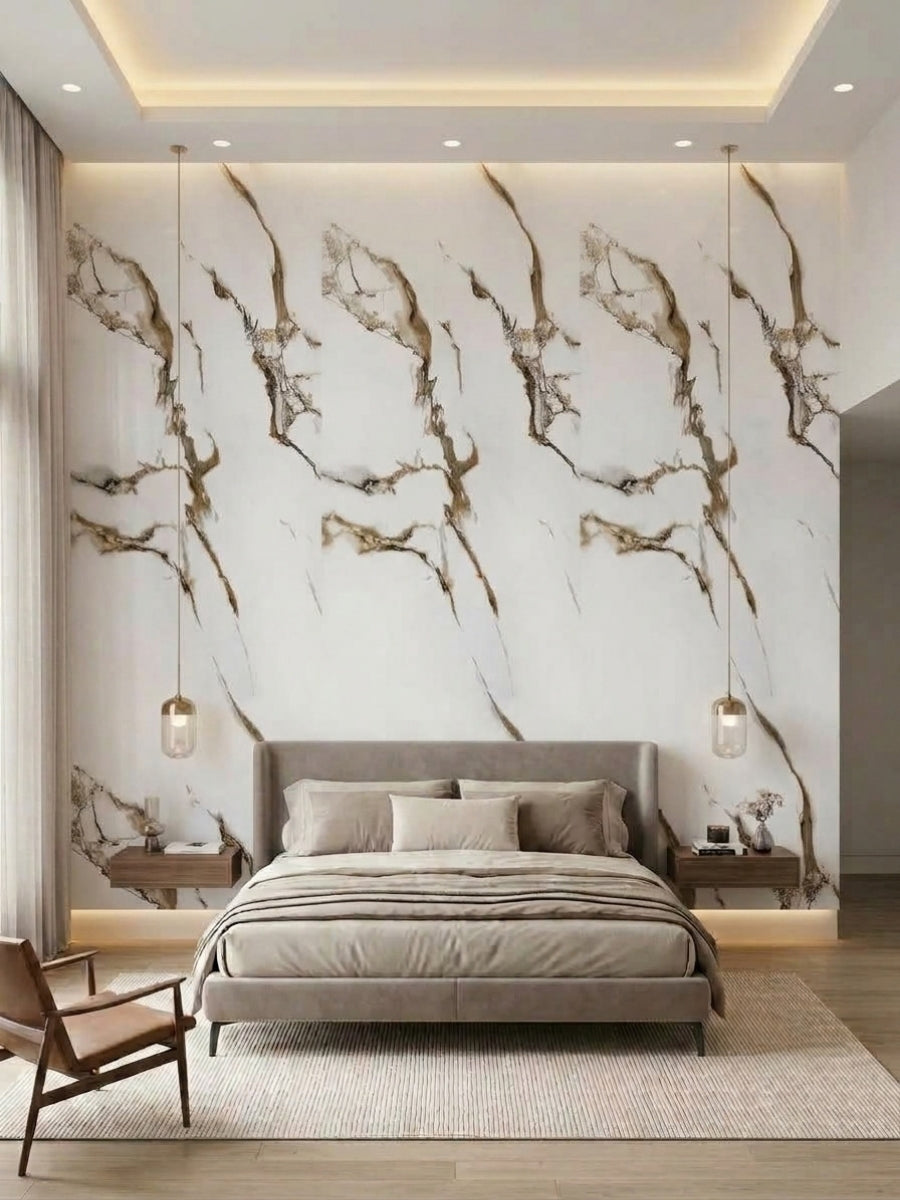 Bedroom accent wall clad in Ethereal Blush PVC panels with sweeping brown marble-style veins behind the bed