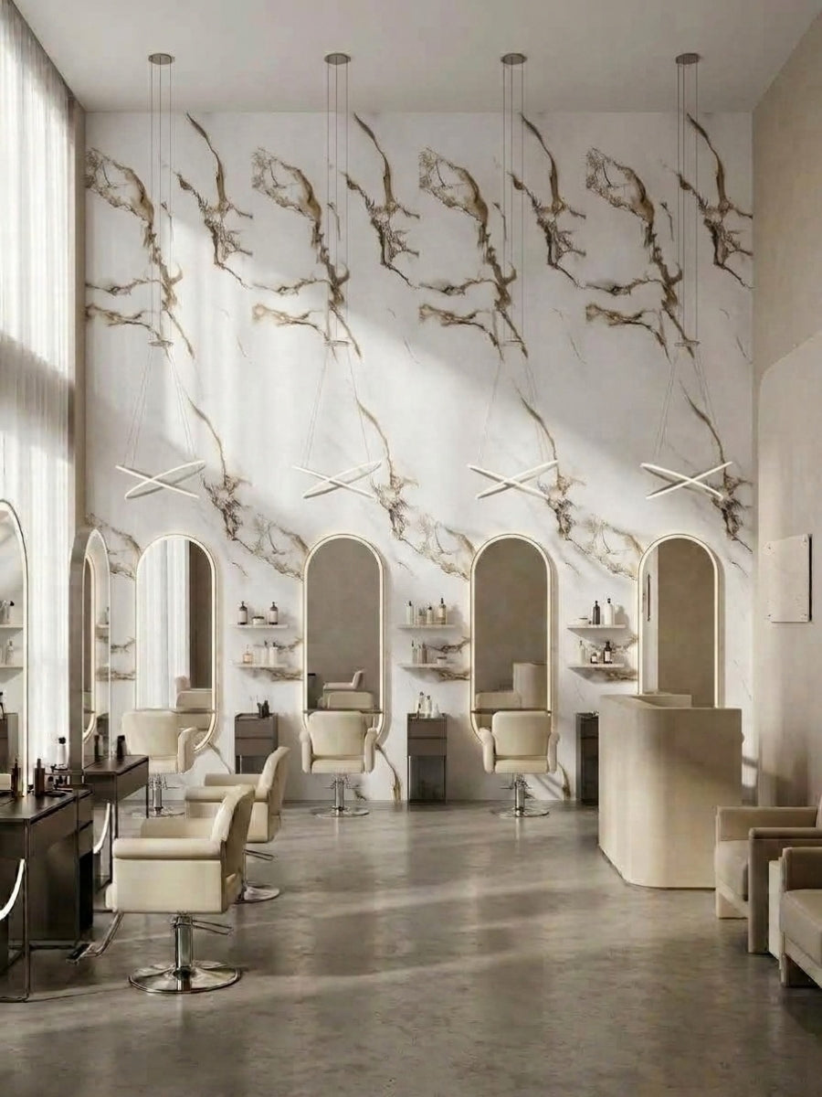 Ethereal Blush marble-look PVC wall panels covering a bright salon wall above arched styling stations