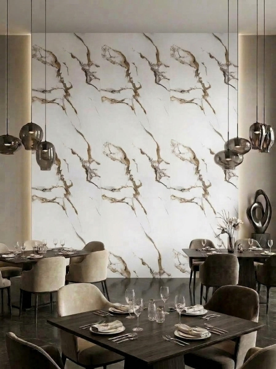 Restaurant dining area with a tall Ethereal Blush PVC panel feature wall in a repeating marble pattern