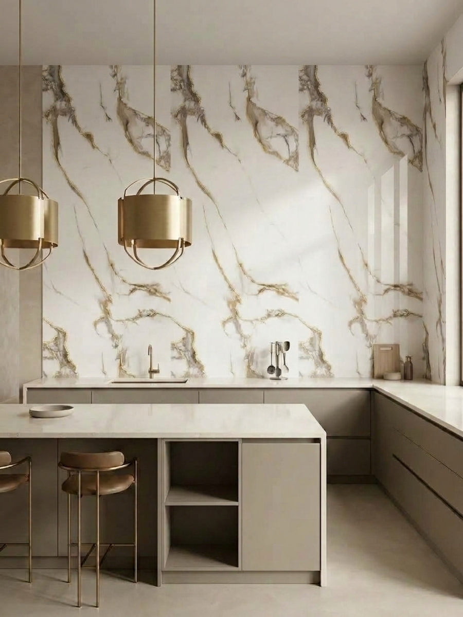 Modern kitchen backsplash and full-height wall finished with Ethereal Blush marble-look PVC panels