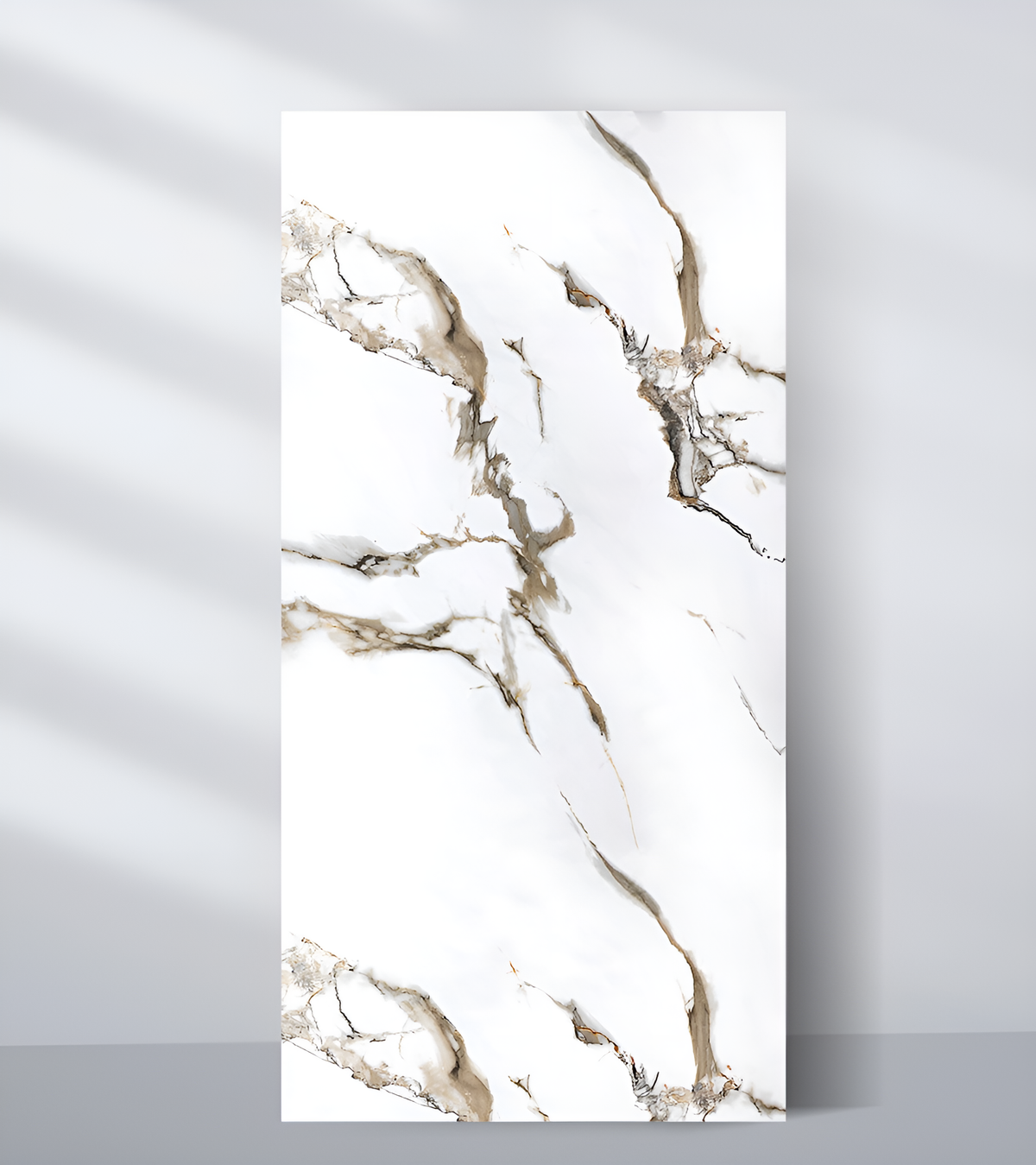 White PVC marble sheet sample with airy taupe and charcoal veins in a flowing pattern