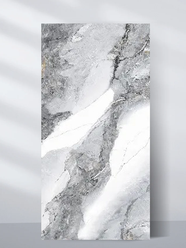 White and gray PVC marble sheet sample with broad diagonal bands and textured veining
