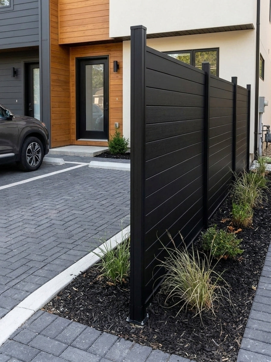 Black aluminum fence with solid horizontal panels lining a modern home driveway
