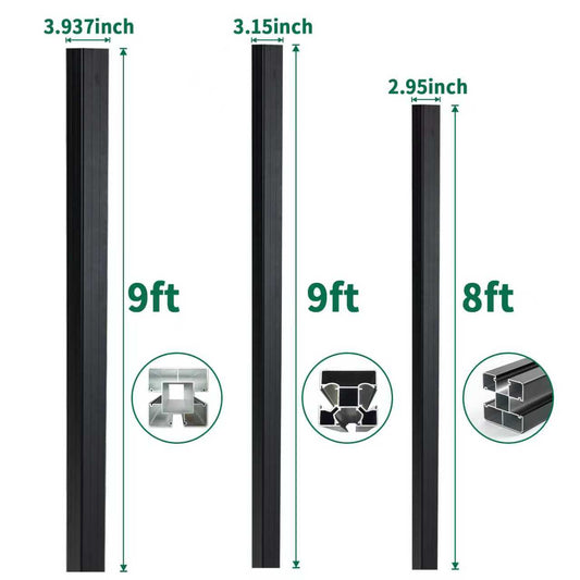 Black aluminum fence and gate post size comparison showing 9 ft and 8 ft posts in 3.937 inch, 3.15 inch, and 2.95 inch profiles