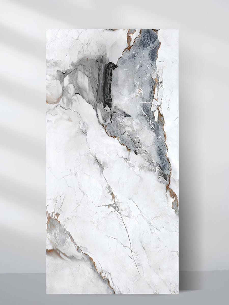 4x8 ft PVC wall panel with a white marble look and dramatic gray and brown veining