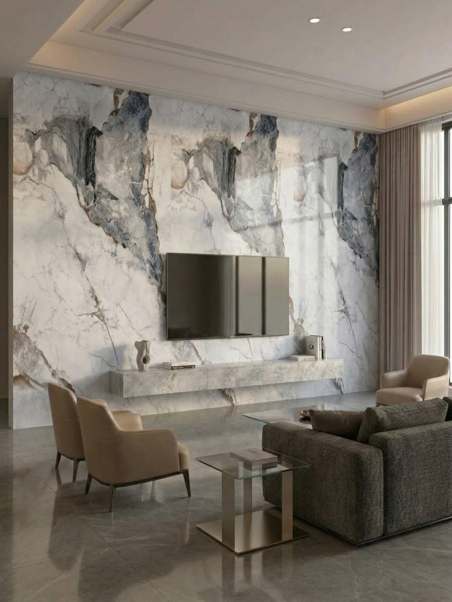 Living room TV wall clad in glossy marble-look PVC panels with sweeping gray and brown veins